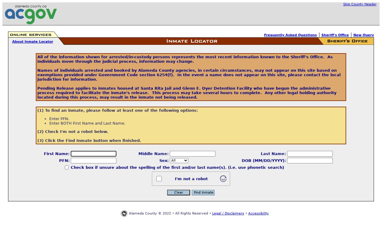 Livermore resident lookup reference for Alameda County inmate locator
