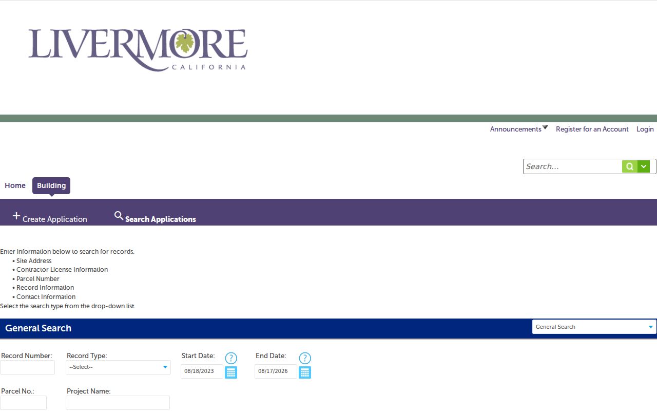 Livermore street directory reference for Livermore building permit search